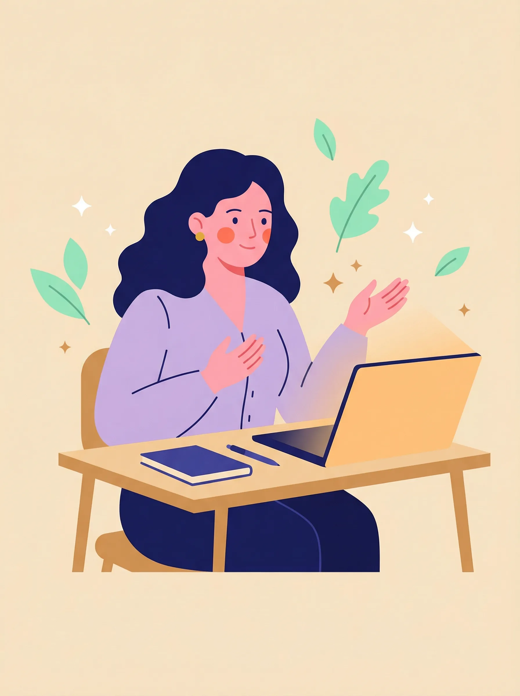 Illustration flat design, séance de sophrologie en visio depuis chez soi